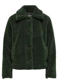 Grön, fluffig, fleecejacka med krage, knappstängning framtill och långa ärmar. Noterbar mjuk struktur och något kortad design.