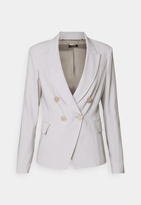 Blazer doppiopetto grigio chiaro con rever a punta, due tasche frontali, bottoni oro e tessuto testurizzato. Fodera interna.