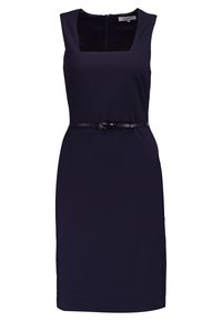 Robe sans manches bleu marine avec un décolleté carré, une taille ceinturée et des fentes sur les côtés. Confectionnée dans un tissu lisse avec une coupe ajustée.