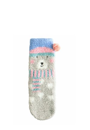 Grå plysch-vinterstrumpa med ett björnfans och en blå och rosa randig mössa, pom-pom och snöflinge-design på kroppen.