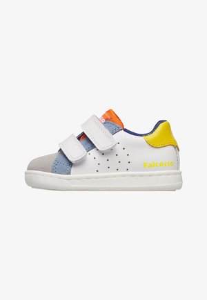 White toddler sneaker with blue and gray accents, yellow heel tab, orange tongue, two white Velcro straps, and "Falcotto" branding on side.