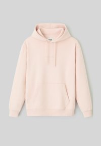 Hoodie rose clair en tissu doux, avec une poche avant, un capuchon avec cordon de serrage réglable, et des poignets et un ourlet côtelés. Design simple.