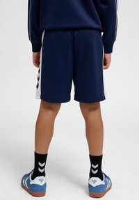 Kind draagt marineblauwe sportbroek met witte zijkanten, zwarte sokken met witte chevrons en blauwe sneakers met witte accenten, staand met de rug naar voren.