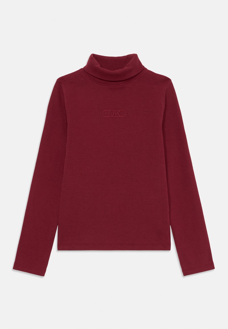 Burgundy-coloured turtleneck sweater, with a ribbed texture, long sleeves, featuring an embossed logo on the front, boasting a minimalistic design and a fitted shape.