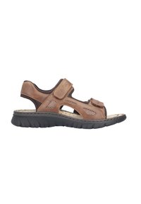 Sandale en cuir marron à bout ouvert avec semelle en caoutchouc noire, brides réglables à Velcro et panneaux en mesh respirant, idéale pour un usage décontracté en extérieur.