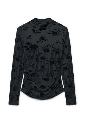 Haut noir à manches longues en tissu doux, présentant un motif floral en velours et un design drapé. Col haut et détails froncés sur les côtés.