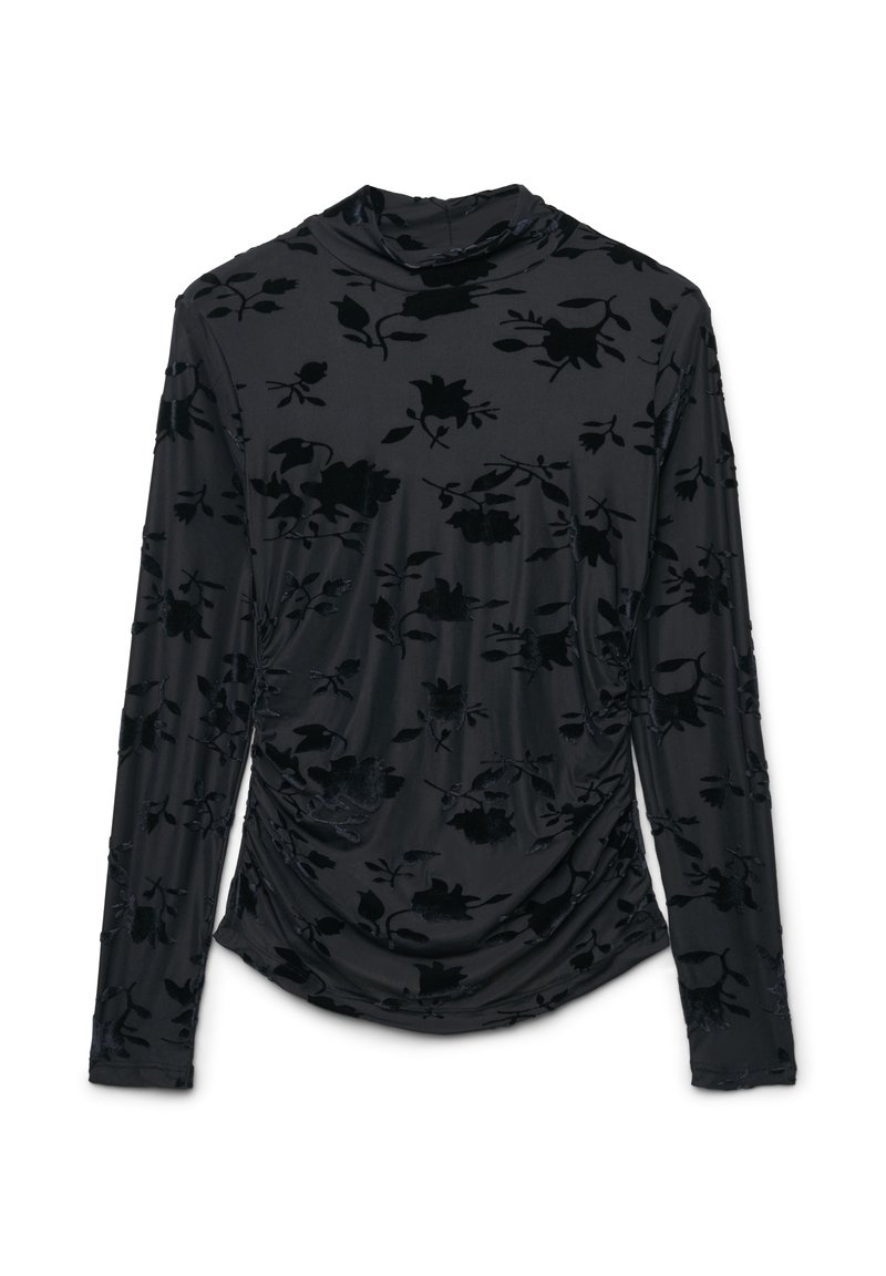 Maglietta nera a maniche lunghe realizzata in tessuto morbido, con un motivo floreale in velluto e un design drappeggiato. Collo alto e dettagli arricciati sui lati.