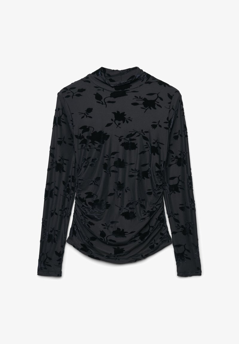 Maglietta nera a maniche lunghe realizzata in tessuto morbido, con un motivo floreale in velluto e un design drappeggiato. Collo alto e dettagli arricciati sui lati.