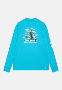 Ljusblå långärmad skjorta med en berggrafik och texten "All Conditions Gear" på baksidan, samt en liten Nike-logotyp på framsidan av nacken.