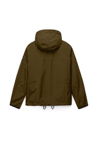 Mørkeolivengrøn hættetrøje vist bagfra med lange ærmer, justerbare snore i kanten og et rundt mærke på venstre arm.