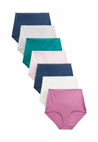 Blandade högmidjade bomullstrumbyxor i marinblått, vitt, grått, teal, rosa och lila, med en mjuk textur och elastiskt midjeband.