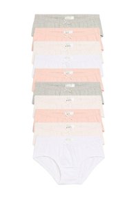 Cinque paia di mutandine di cotone in grigio chiaro, rosa, crema e bianco, con fasce elastiche in vita e piccoli fiocchi decorativi sul davanti.