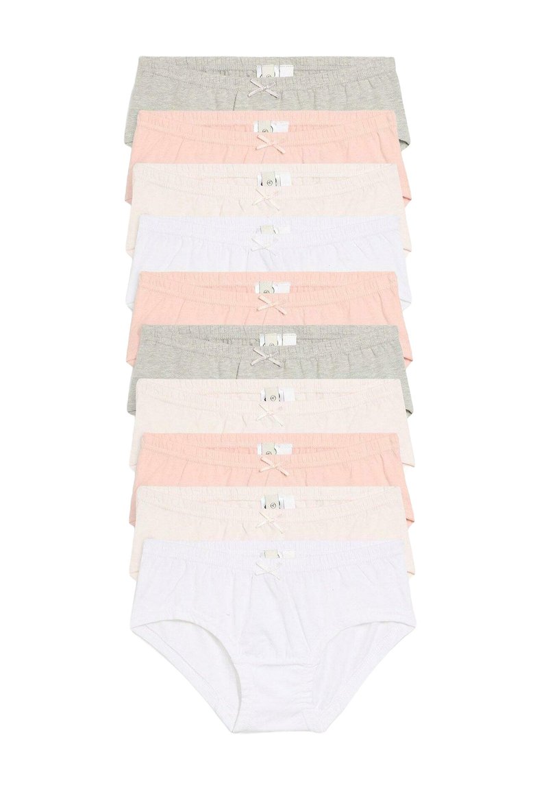 Cinque paia di mutandine di cotone in grigio chiaro, rosa, crema e bianco, con fasce elastiche in vita e piccoli fiocchi decorativi sul davanti.