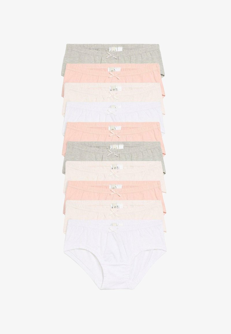Cinque paia di mutandine di cotone in grigio chiaro, rosa, crema e bianco, con fasce elastiche in vita e piccoli fiocchi decorativi sul davanti.