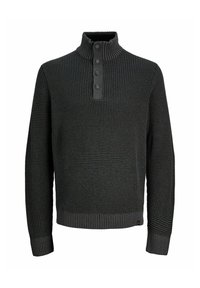 Knitted dark gray sweater with a high collar, featuring a button placket and ribbed cuffs and hem. Textured pattern throughout the fabric.