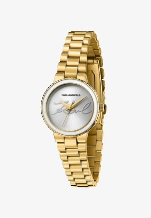 Orologio color oro con quadrante argento a motivo raggiante, caratterizzato da un design minimalista distintivo e un cinturino robusto a maglie.