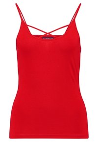 Camisola rossa con sottili spalline incrociate. Realizzata in tessuto liscio e elastico. Presenta una silhouette aderente e un collo rotondo.