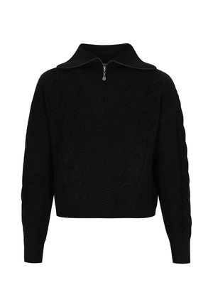 Černý pletený svetr se zipovým límcem, s kabelovým vzorem po stranách a texturovanou tkaninou. Zkrácený střih s dlouhými rukávy.