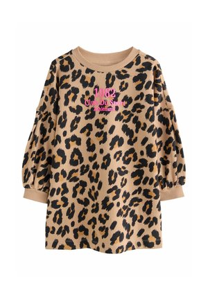 Beige langærmet skjorte med sort leopardprint og lyserød tekst med teksten "1982 Club Du Sport Athletisme" foran.