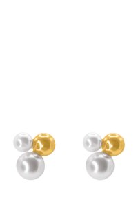 Boucles d'oreilles en or et en argent avec trois éléments sphériques : deux perles blanches et une perle dorée, avec une finition brillante.
