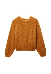 Cardigan bouclé jaune moutarde avec manches longues, col rond et fermeture à boutons sur le devant. Le tissu texturé ajoute de la douceur.