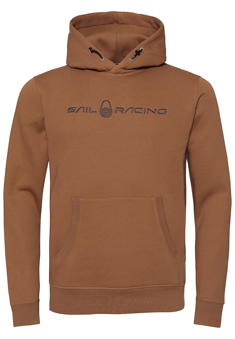Sudadera marrón de tejido suave, con un bolsillo frontal, capucha con cordón y el logotipo "SAIL RACING" en azul marino en el pecho.