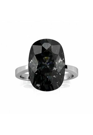 Schwarz gemstone Ring mit ovalem Schliff, gefasst in einem glänzenden Silberband. Der Stein hat eine facettierte Oberfläche, die das Licht aus verschiedenen Winkeln reflektiert.