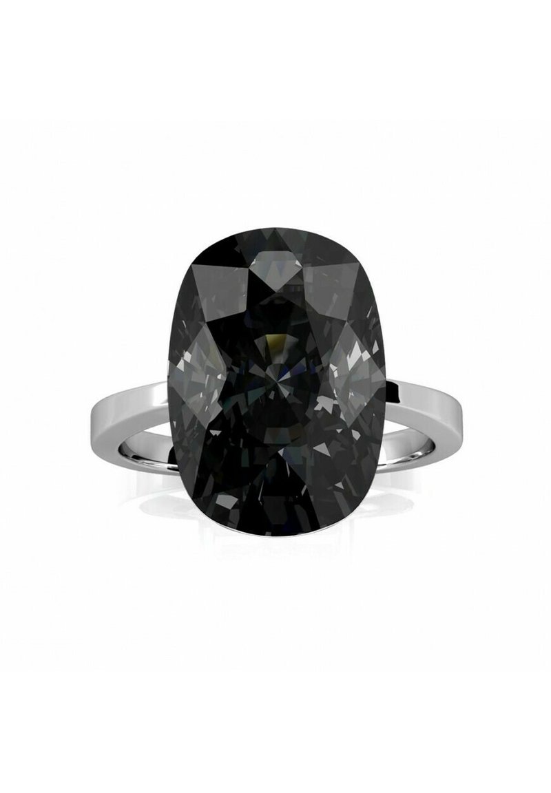 Schwarz gemstone Ring mit ovalem Schliff, gefasst in einem glänzenden Silberband. Der Stein hat eine facettierte Oberfläche, die das Licht aus verschiedenen Winkeln reflektiert.