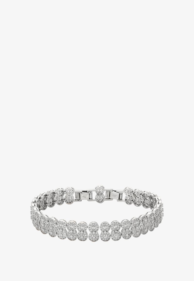 Stříbrný náramek se vzájemně propojenými články, ozdobený průhlednými kameny usazenými v opakujícím se oválném vzoru. Hladký kovový povrch s lesklými akcenty.