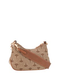 Bolso marrón con patrón de diseño hobo, que presenta un cuerpo de lona, ribetes de cuero y una correa de tela ajustable. Acentos de hardware notables.