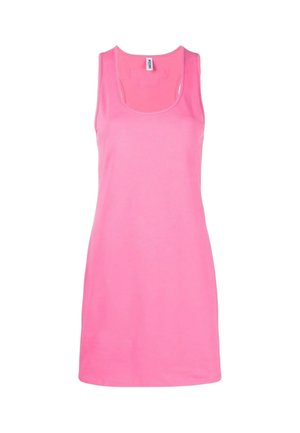 Abito casual senza maniche di colore rosa acceso con scollo a girocollo e taglio dritto, mostrato su sfondo bianco.
