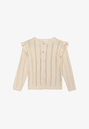 Cardigan couleur crème avec un motif tricoté texturé, poignets côtelés et accents de volants sur l'épaule. Fermeture à boutons à l'avant.