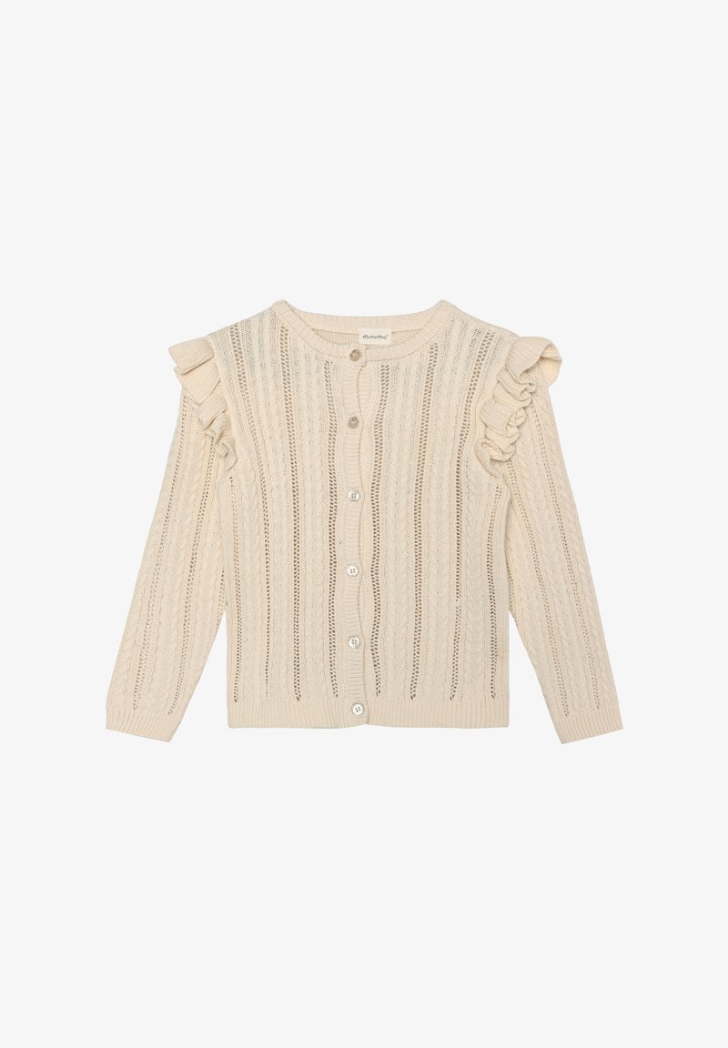 Kremowy kardigan z fakturowanym wzorem dzianiny, ściągaczowymi mankietami i falbanami na ramionach. Zapięcie na guziki z przodu.