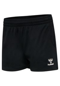 Zwarte sportshorts gemaakt van een gladde stof. Heeft een elastische tailleband, zijzakken en een wit merkl logo aan de onderkant rechts.