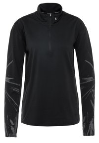 Czarny długi rękaw bluzka do biegania z ćwierć zamkiem, wysokim kołnierzem, logo Nike na piersi oraz odblaskowe abstrakcyjne wzory na rękawach.