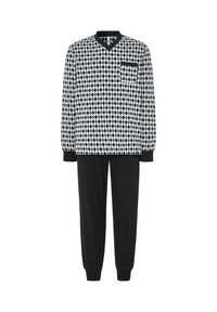 Conjunto de loungewear en blanco y negro con un top de cuello en V de manga larga con un bolsillo en el pecho y pantalones ajustados negros.