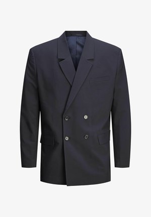 Dvouvrstvý tmavě námořnický blazer se dvěma černými knoflíky, plochou kapsou na prsou a dvěma bočními kapsami. Hladká textura látky.