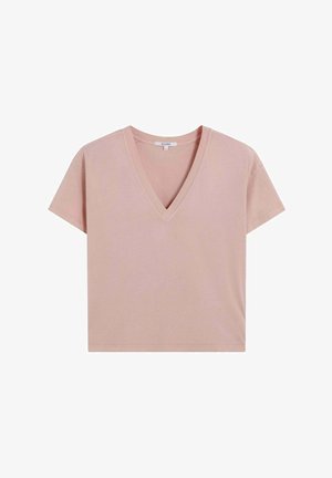 V-Ausschnitt, kurzärmliges T-Shirt aus weichem pinkfarbenem Baumwollstoff, mit lockerer Passform und schlichter Gestaltung, mit Steppnähten am Saum und am Ausschnitt.