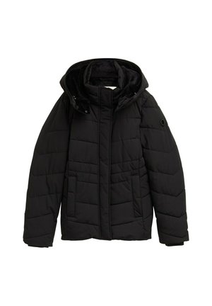 Veste rembourrée noire avec capuche, présentant un motif matelassé horizontal, fermeture éclair et deux poches avant. Doublure intérieure douce.
