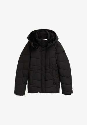 Musta pehmeä takki hupulla, jossa on vaakasuora tikkauskuvio, vetoketjusuljenta ja kaksi etutaskua. Pehmeä sisävuori.