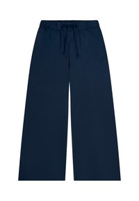 Marinblå vida byxor i mjukt material, med elastisk midja och snörning samt en liten logotypaccent på sidan.