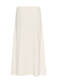 Una gonna midi color crema realizzata in tessuto morbido con taglio dritto, caratterizzata da una chiusura lampo nascosta sul retro e linee pulite senza fantasie.