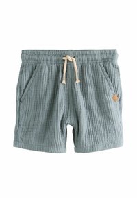 Shorts texturés bleu clair fabriqués dans un matériau doux, avec une taille élastique dotée d'un cordon de serrage et des poches latérales.
