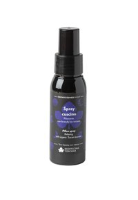 Bottiglia spray nera con pompa, dotata di un'etichetta blu scuro e testo riguardante uno spray rilassante per cuscini con lavanda toscana.