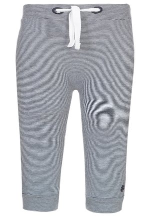 Pantalon à fines rayures horizontales bleu marine et blanc avec cordon blanc à la taille, longueur raccourcie, et petit logo près de l'ourlet inférieur.