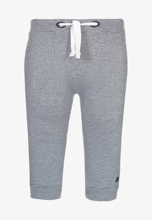 Pantalon à fines rayures horizontales bleu marine et blanc avec cordon blanc à la taille, longueur raccourcie, et petit logo près de l'ourlet inférieur.