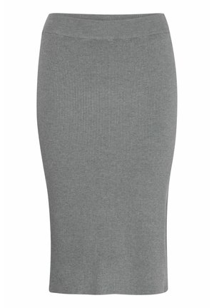 Fustă tip creion tricotată în gri, cu un talie înaltă, ajustată pe corp și design până la genunchi. Textură netedă cu detalii de model vertical.
