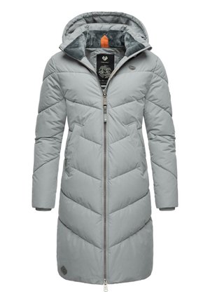 Grijze geïsoleerde parka met capuchon, met een rits aan de voorkant, een chevron-quiltpatroon en elastische manchetten. Logopatch op de linkermouw.
