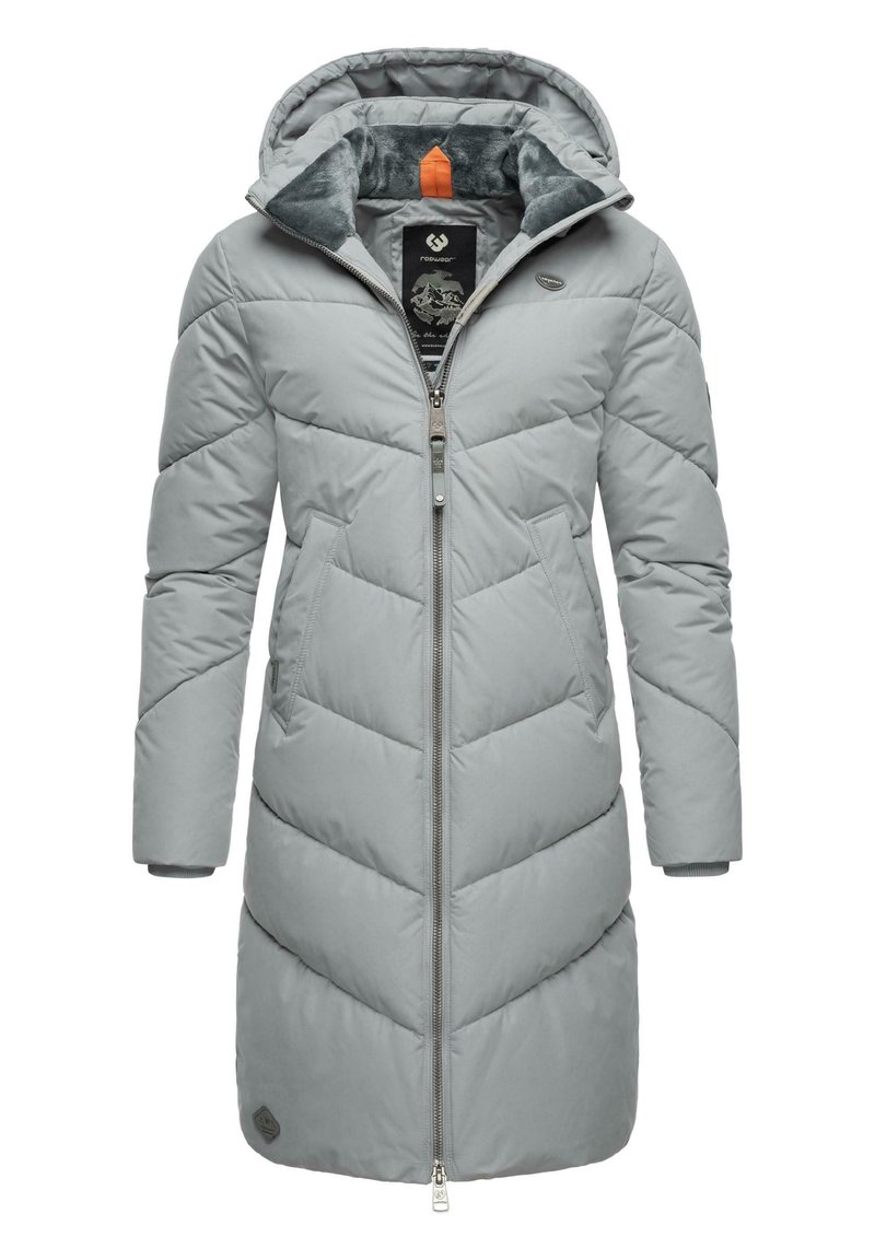 Grå isolerad parka med huva, som har dragkedja fram, vågformigt kviltat mönster och elastiska ärmslut. Logotypdetalj på vänster ärm.