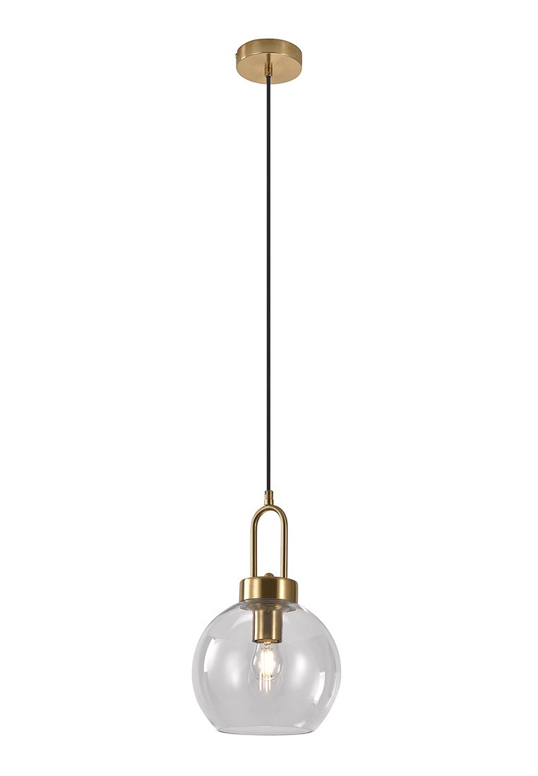 Lámpara colgante de cristal transparente con forma redonda, acentos de metal dorado, cable negro y una bombilla visible en el centro. Diseño de montaje en el techo.